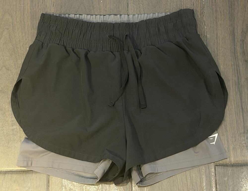 Gymshark Women's Running 2 In 1 Shorts Black/Grey Size Medium